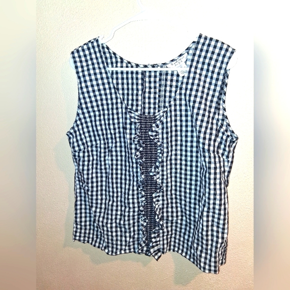 Katherine New York Sleeveless Gingham Plaid Black White Cotton Top XL